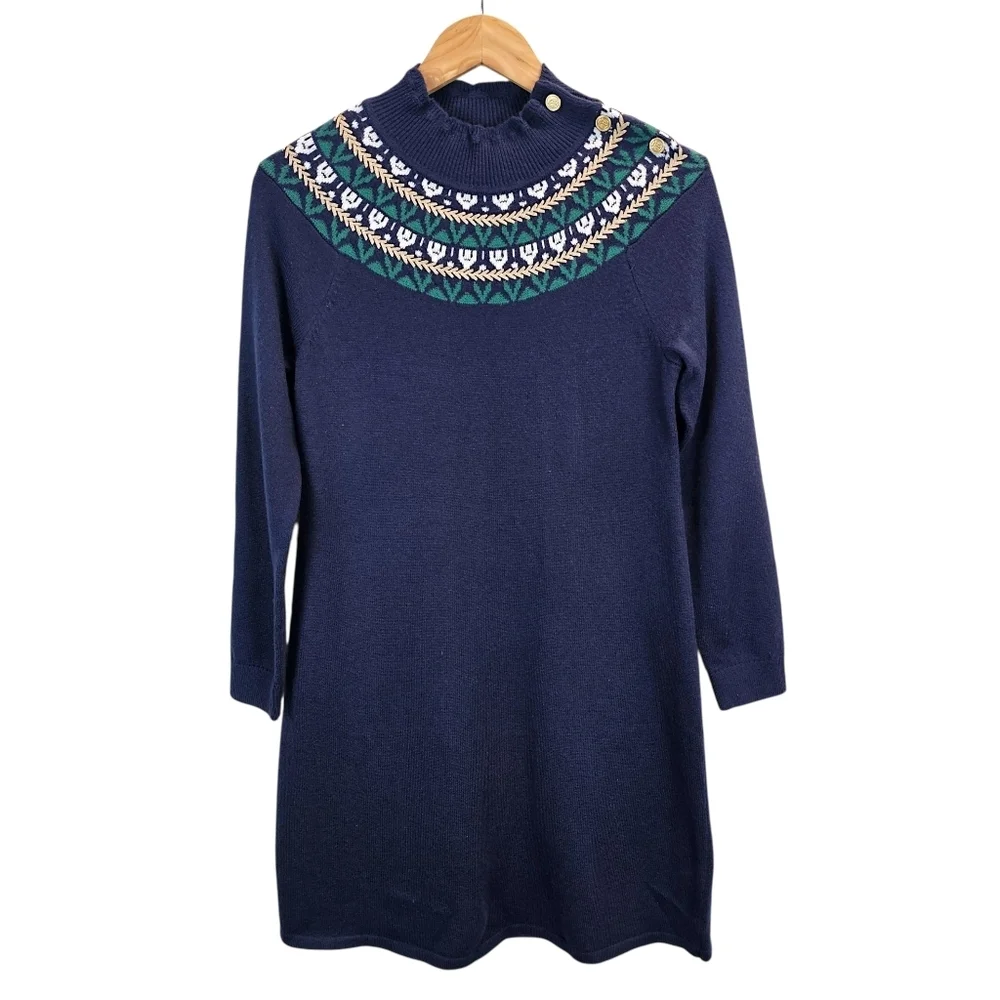 Talbots Petite Fair Isle Sweater Dress Navy Mock Neck Button Detail SP Holiday
